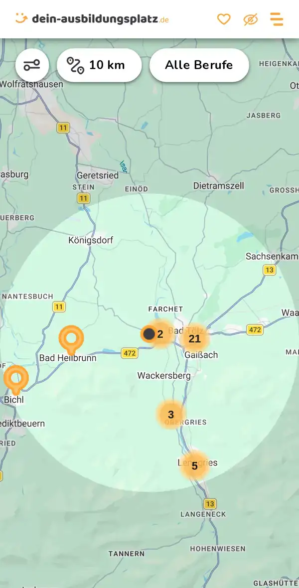 Karte von dein-ausbildungsplatz.de: Ausbildungsbetriebe im Umkreis von 10 km um 83646 Bad Tölz