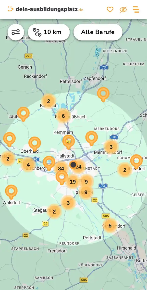 Karte von dein-ausbildungsplatz.de: Ausbildungsbetriebe im Umkreis von 10 km um 96052 Bamberg