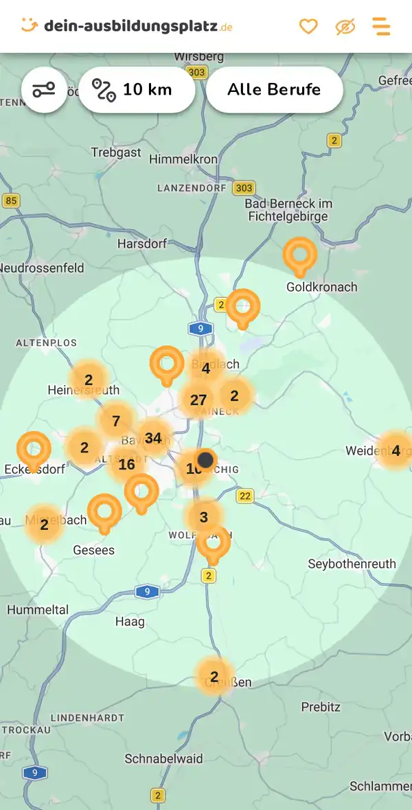 Karte von dein-ausbildungsplatz.de: Ausbildungsbetriebe im Umkreis von 10 km um 95448 Bayreuth