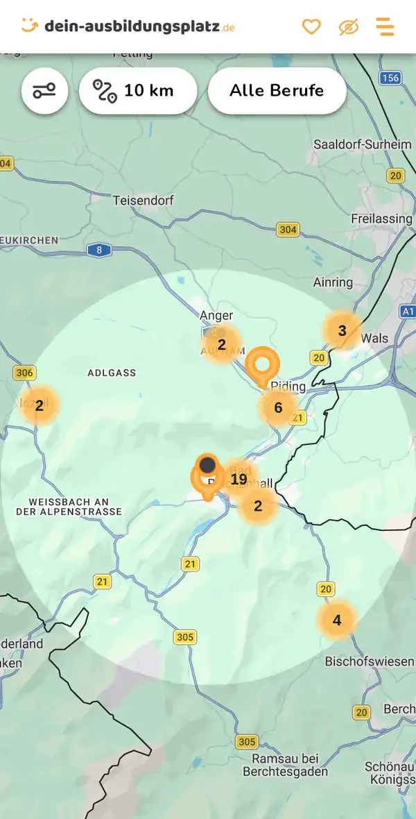Karte von dein-ausbildungsplatz.de: Ausbildungsbetriebe im Umkreis von 10 km um 83435 Bad Reichenhall