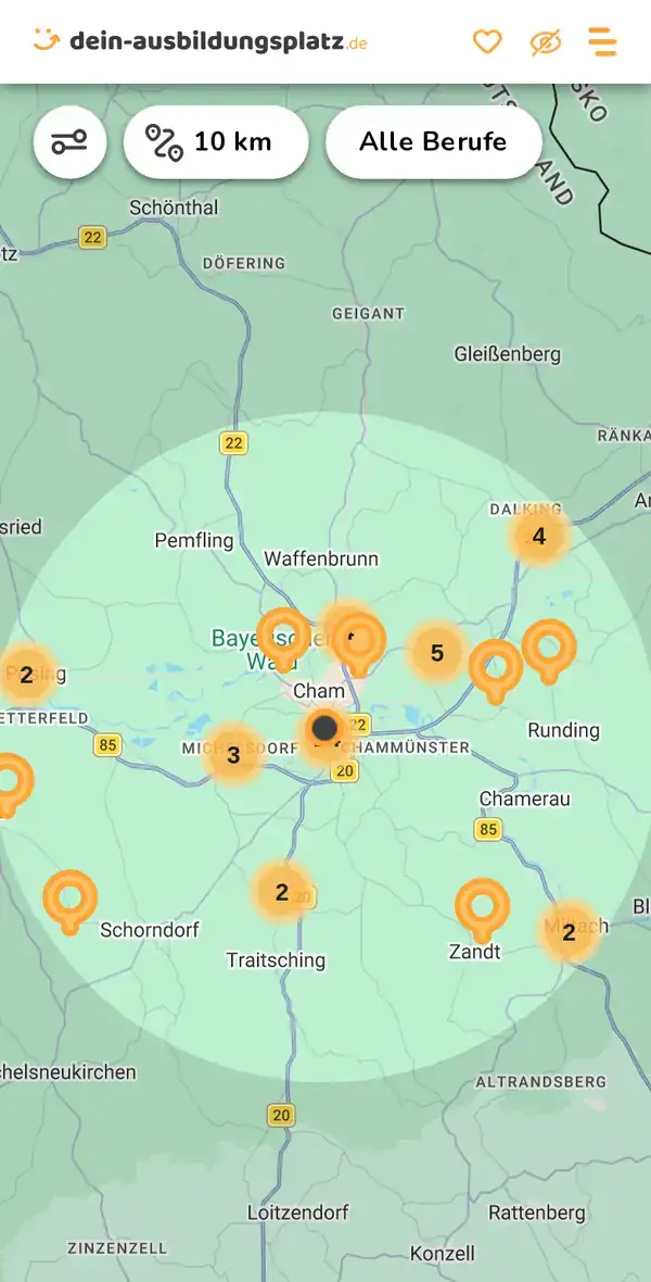 Karte von dein-ausbildungsplatz.de: Ausbildungsbetriebe im Umkreis von 10 km um 93413 Cham