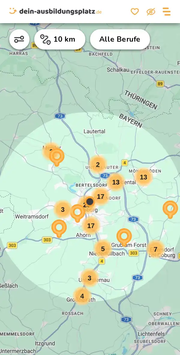 Karte von dein-ausbildungsplatz.de: Ausbildungsbetriebe im Umkreis von 10 km um 96450 Coburg