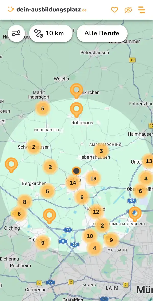 Karte von dein-ausbildungsplatz.de: Ausbildungsbetriebe im Umkreis von 10 km um 85221 Dachau
