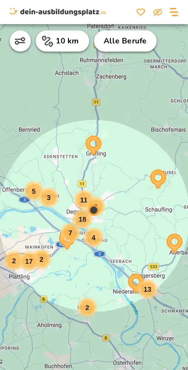 Karte von dein-ausbildungsplatz.de: Ausbildungsbetriebe im Umkreis von 10 km um 94469 Deggendorf