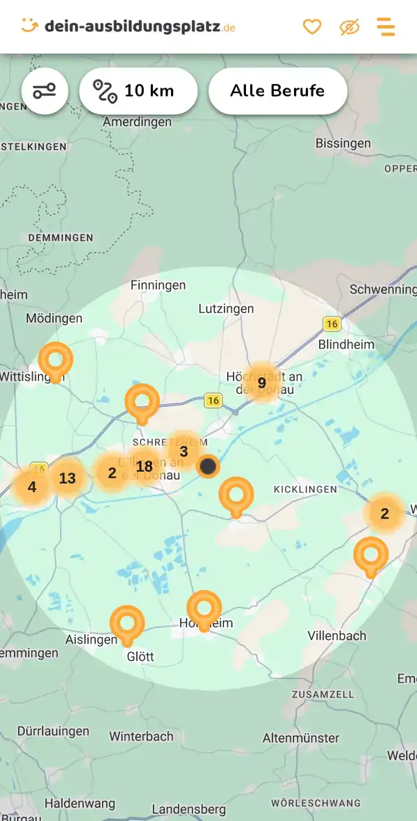 Karte von dein-ausbildungsplatz.de: Ausbildungsbetriebe im Umkreis von 10 km um 89407 Dillingen a.d.Donau