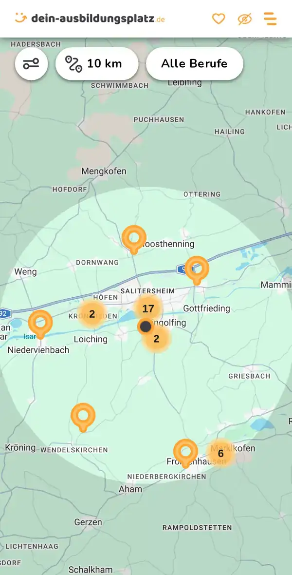 Karte von dein-ausbildungsplatz.de: Ausbildungsbetriebe im Umkreis von 10 km um 84130 Dingolfing