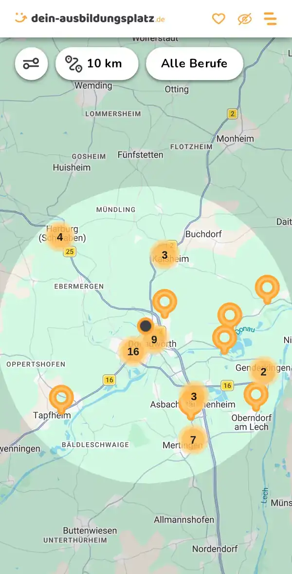 Karte von dein-ausbildungsplatz.de: Ausbildungsbetriebe im Umkreis von 10 km um 86609 Donauwörth