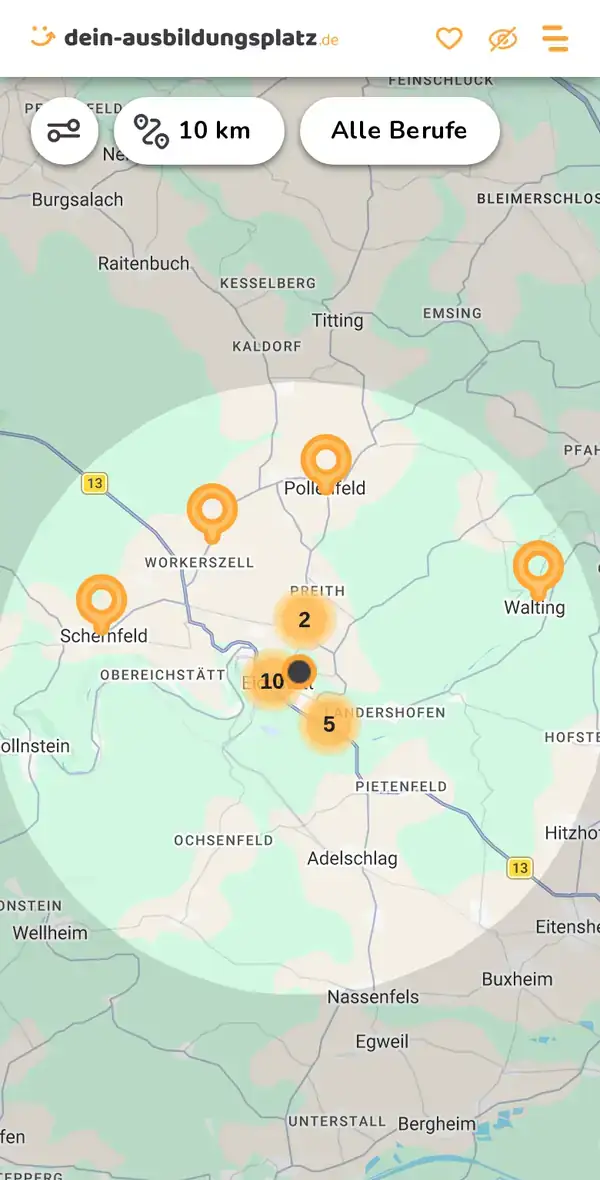 Karte von dein-ausbildungsplatz.de: Ausbildungsbetriebe im Umkreis von 10 km um 85072 Eichstätt