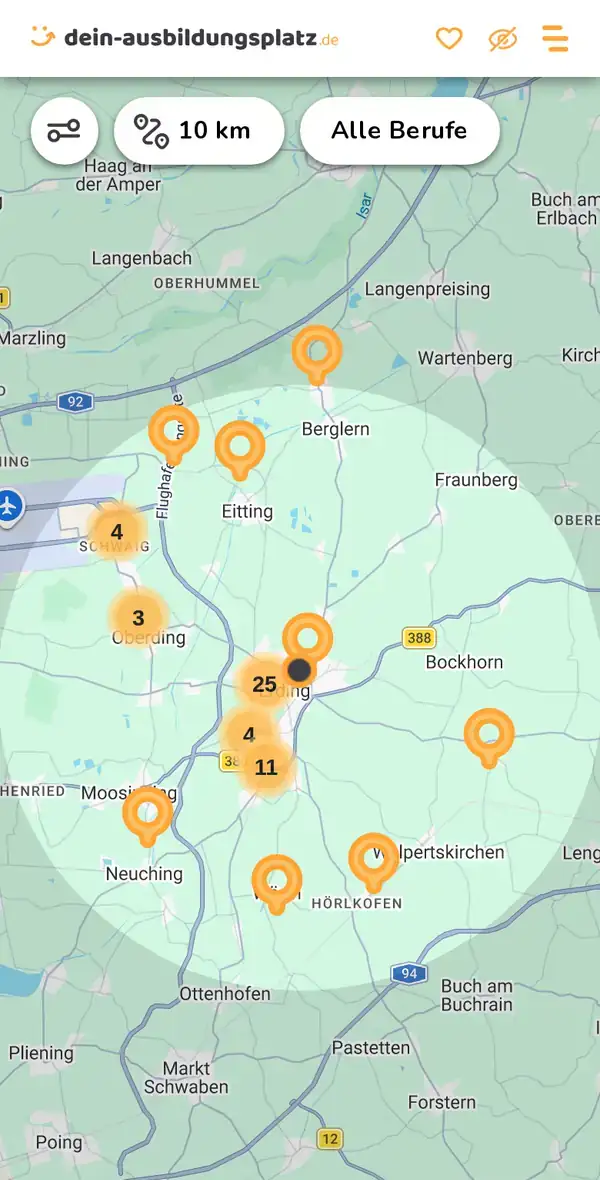 Karte von dein-ausbildungsplatz.de: Ausbildungsbetriebe im Umkreis von 10 km um 85435 Erding
