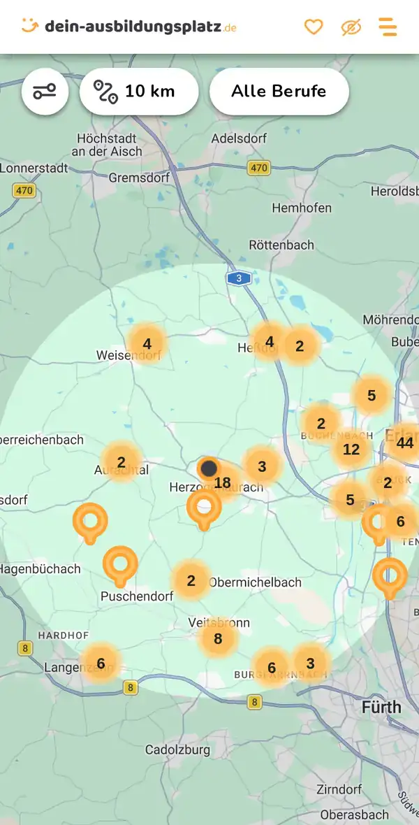 Karte von dein-ausbildungsplatz.de: Ausbildungsbetriebe im Umkreis von 10 km um 91074 Herzogenaurach