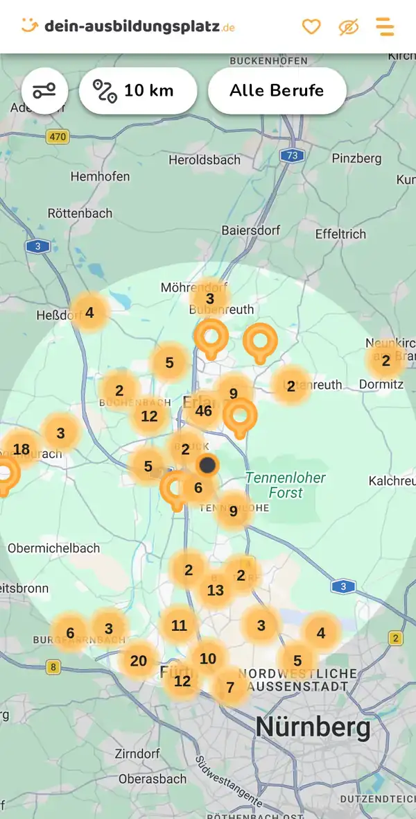 Karte von dein-ausbildungsplatz.de: Ausbildungsbetriebe im Umkreis von 10 km um 91058 Erlangen