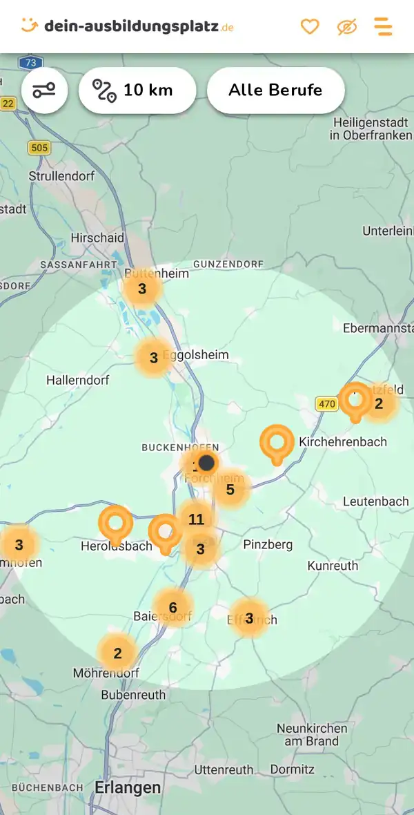 Karte von dein-ausbildungsplatz.de: Ausbildungsbetriebe im Umkreis von 10 km um 91301 Forchheim