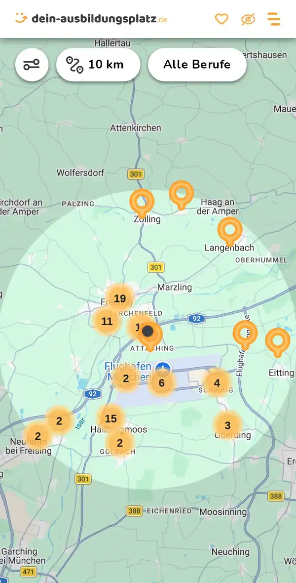 Karte von dein-ausbildungsplatz.de: Ausbildungsbetriebe im Umkreis von 10 km um 85356 Freising