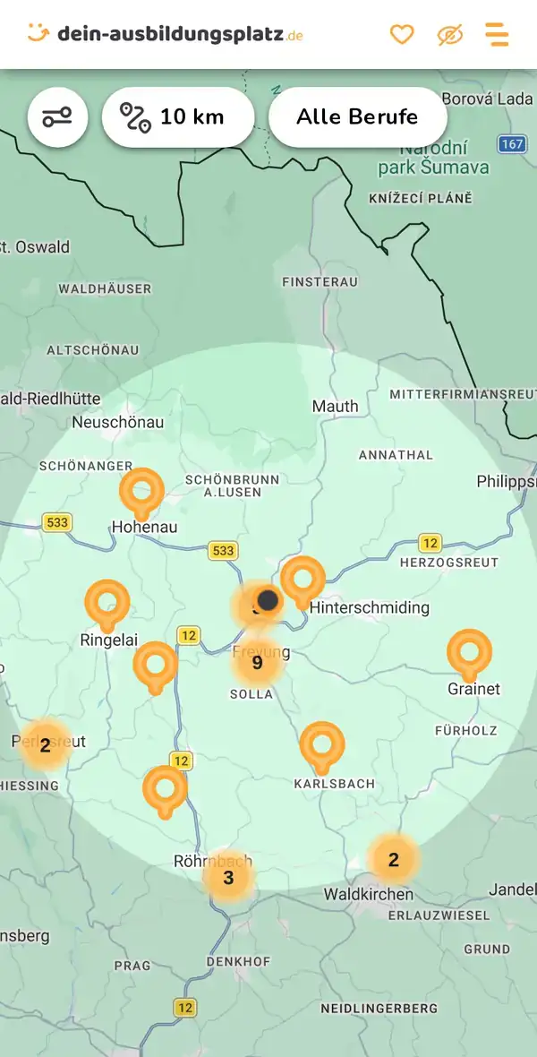 Karte von dein-ausbildungsplatz.de: Ausbildungsbetriebe im Umkreis von 10 km um 94078 Freyung