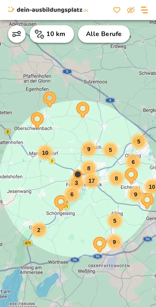 Karte von dein-ausbildungsplatz.de: Ausbildungsbetriebe im Umkreis von 10 km um 82256 Fürstenfeldbruck