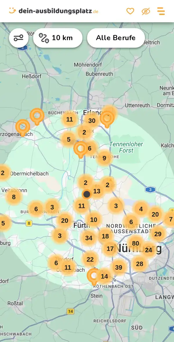 Karte von dein-ausbildungsplatz.de: Ausbildungsbetriebe im Umkreis von 10 km um 90765 Fürth