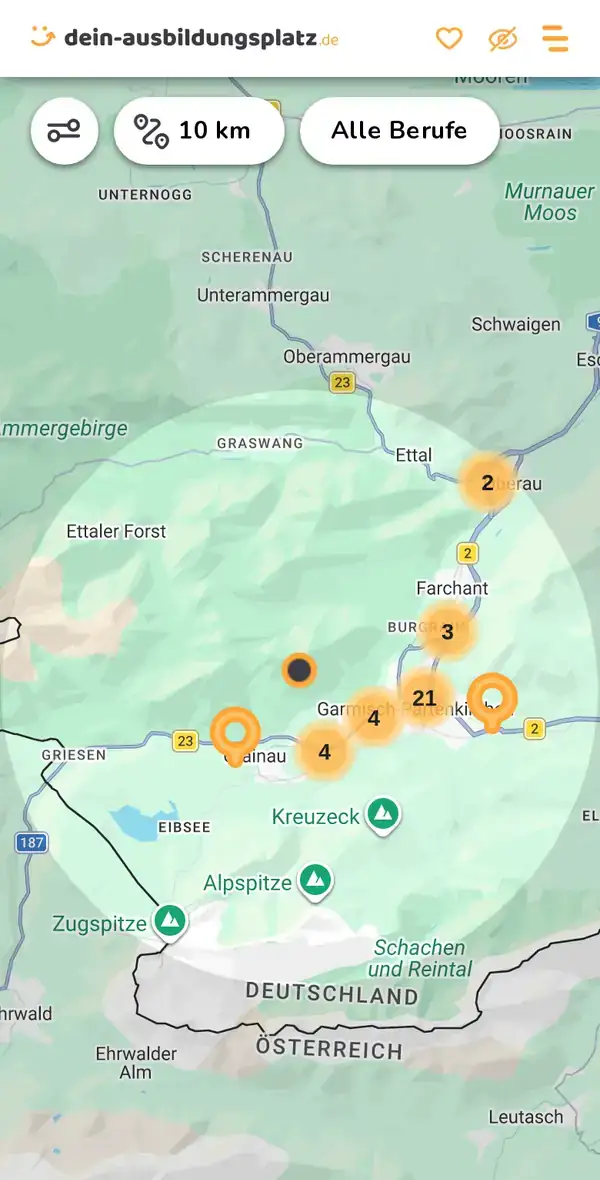 Karte von dein-ausbildungsplatz.de: Ausbildungsbetriebe im Umkreis von 10 km um 82467 Garmisch-Partenkirchen