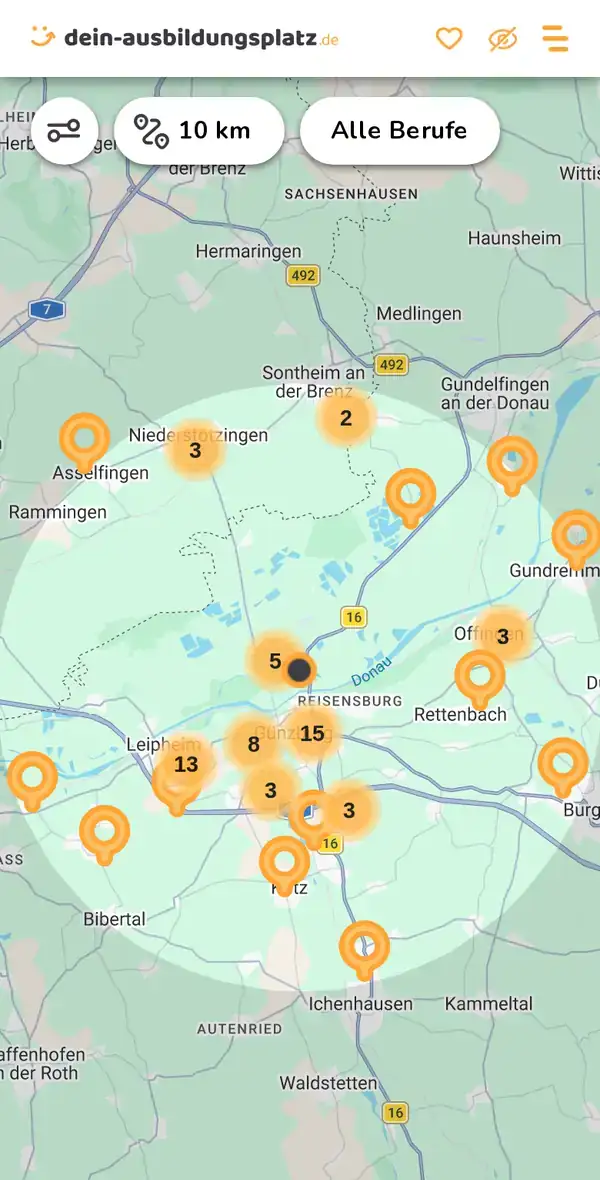 Karte von dein-ausbildungsplatz.de: Ausbildungsbetriebe im Umkreis von 10 km um 89312 Günzburg