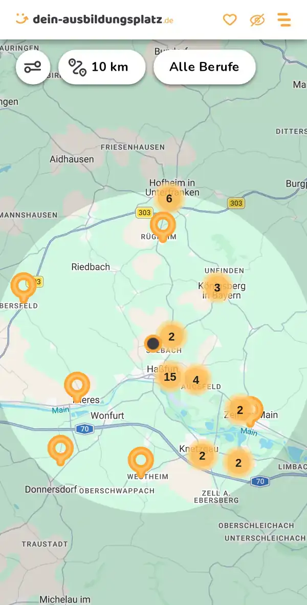Karte von dein-ausbildungsplatz.de: Ausbildungsbetriebe im Umkreis von 10 km um 97437 Haßfurt