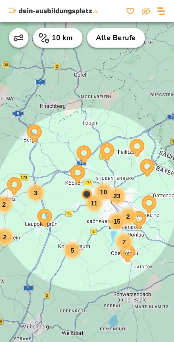 Karte von dein-ausbildungsplatz.de: Ausbildungsbetriebe im Umkreis von 10 km um 95030 Hof