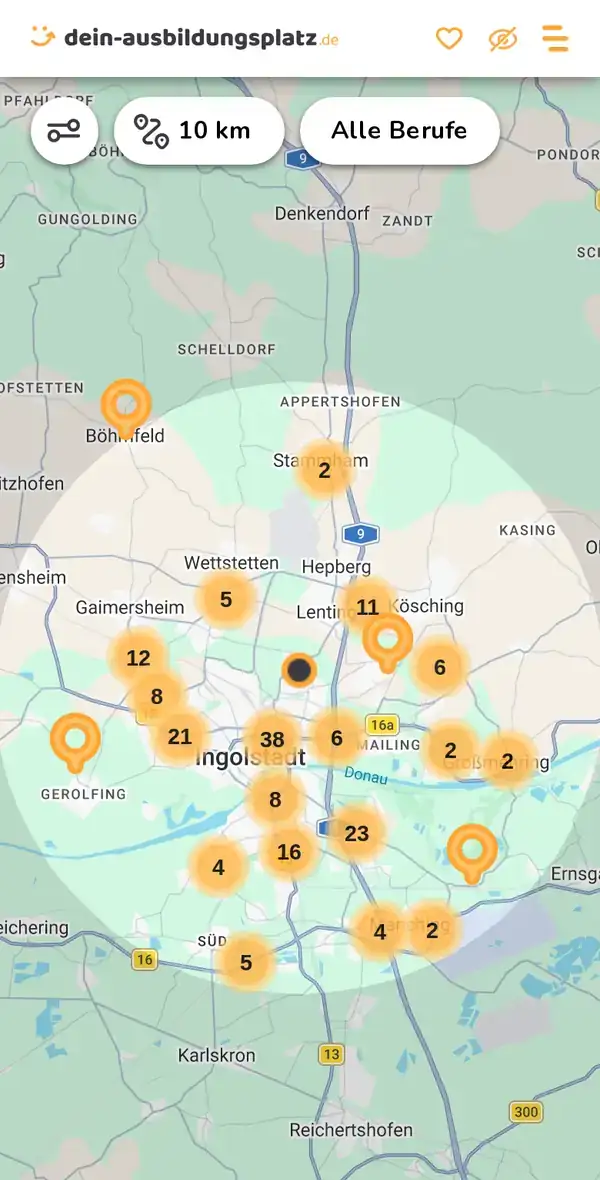 Karte von dein-ausbildungsplatz.de: Ausbildungsbetriebe im Umkreis von 10 km um 85055 Ingolstadt