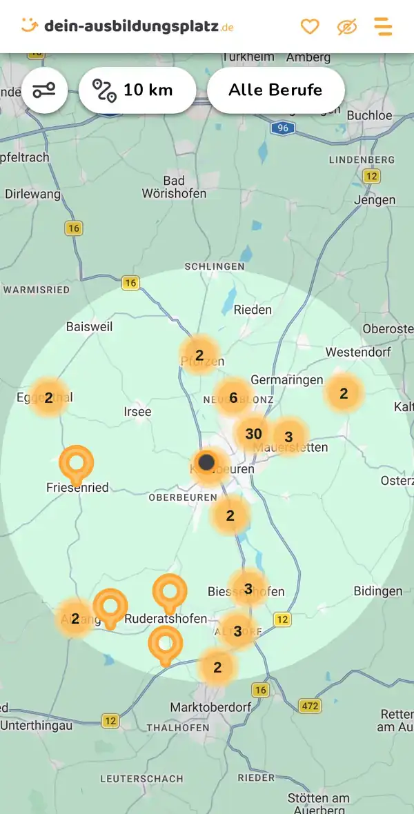 Karte von dein-ausbildungsplatz.de: Ausbildungsbetriebe im Umkreis von 10 km um 87600 Germaringen