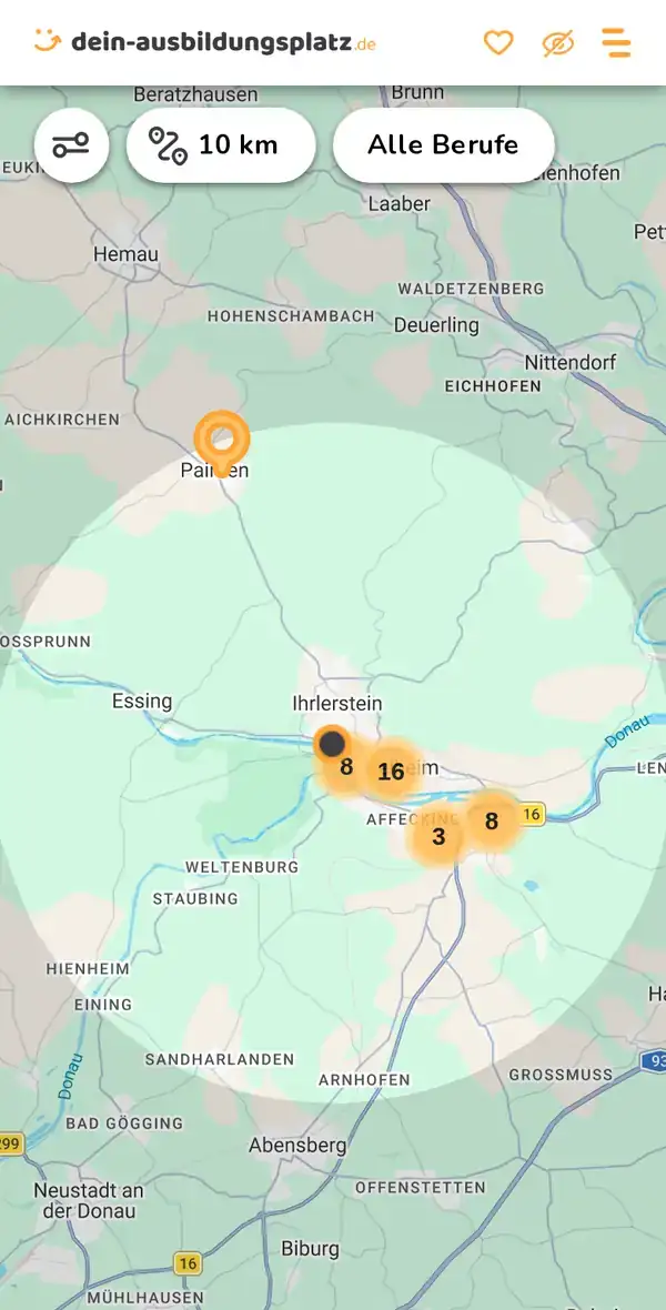 Karte von dein-ausbildungsplatz.de: Ausbildungsbetriebe im Umkreis von 10 km um 93309 Kelheim