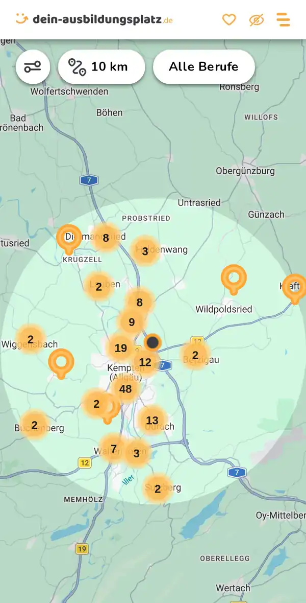 Karte von dein-ausbildungsplatz.de: Ausbildungsbetriebe im Umkreis von 10 km um 87437 Kempten (Allgäu)