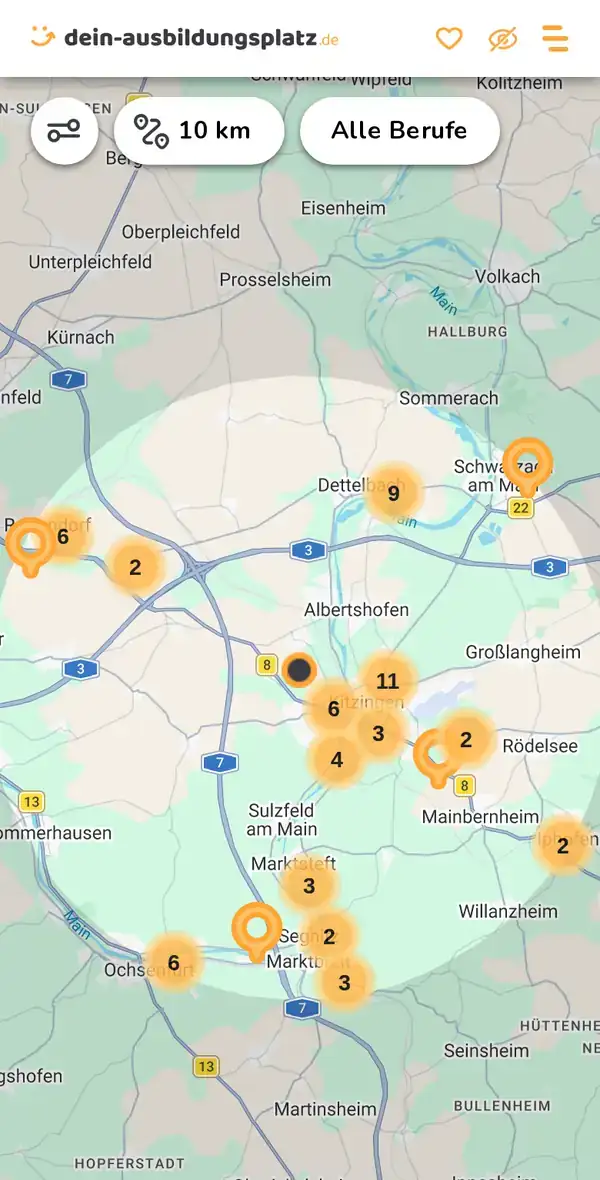 Karte von dein-ausbildungsplatz.de: Ausbildungsbetriebe im Umkreis von 10 km um 97318 Biebelried