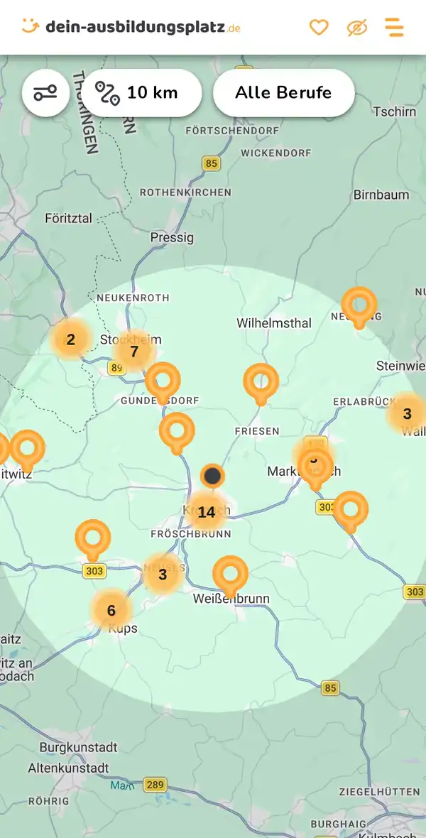 Karte von dein-ausbildungsplatz.de: Ausbildungsbetriebe im Umkreis von 10 km um 96317 Kronach