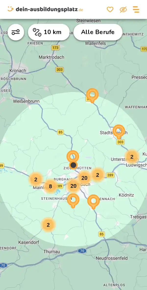 Karte von dein-ausbildungsplatz.de: Ausbildungsbetriebe im Umkreis von 10 km um 95326 Kulmbach