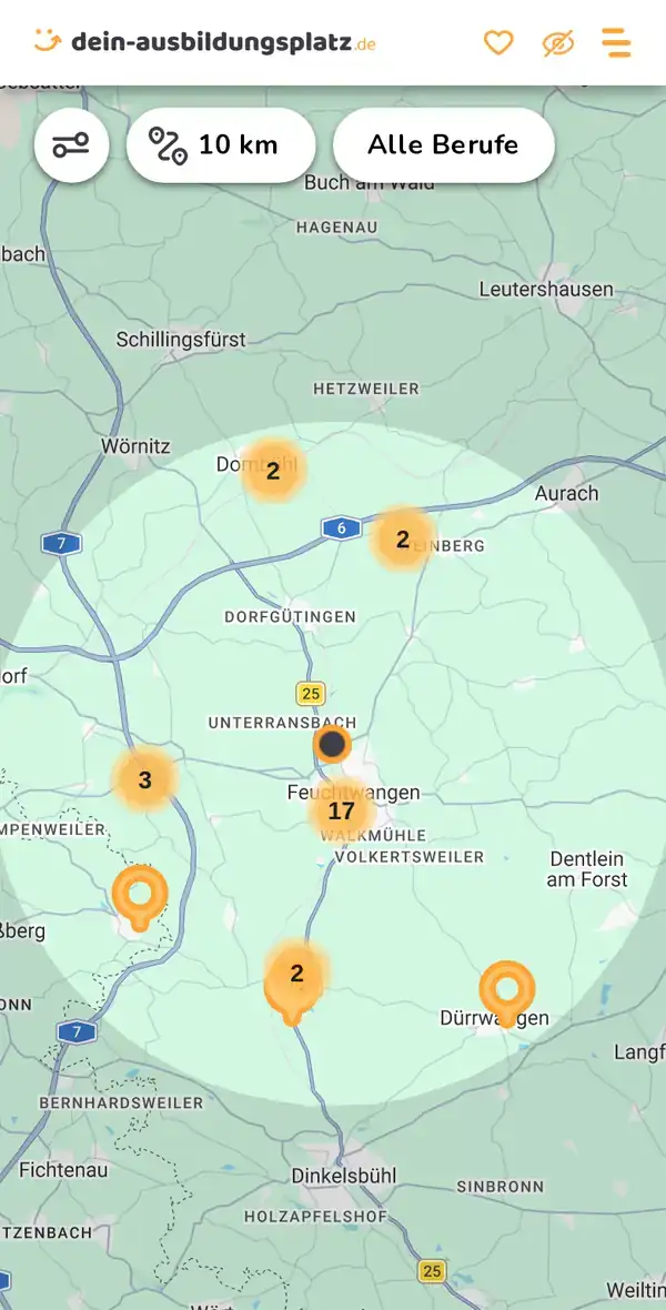 Karte von dein-ausbildungsplatz.de: Ausbildungsbetriebe im Umkreis von 10 km um 91555 Feuchtwangen