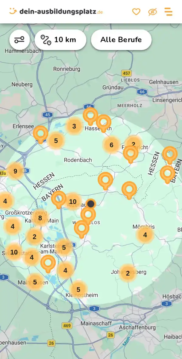 Karte von dein-ausbildungsplatz.de: Ausbildungsbetriebe im Umkreis von 10 km um 63755 Alzenau
