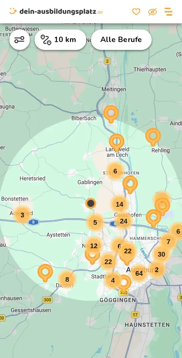 Karte von dein-ausbildungsplatz.de: Ausbildungsbetriebe im Umkreis von 10 km um 86368 Gersthofen