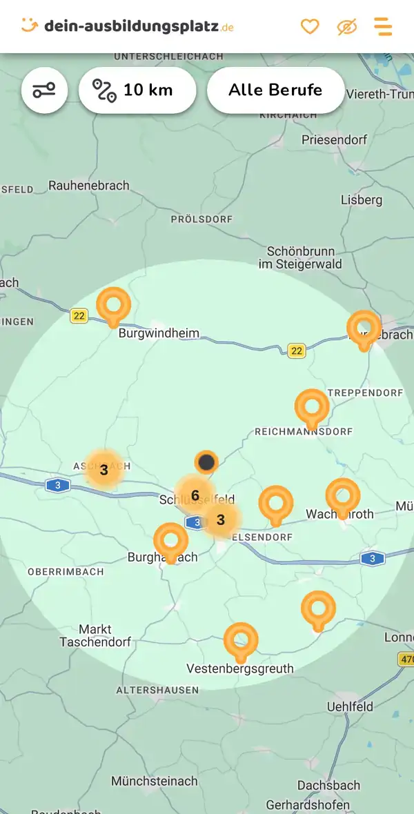 Karte von dein-ausbildungsplatz.de: Ausbildungsbetriebe im Umkreis von 10 km um 96132 Schlüsselfeld