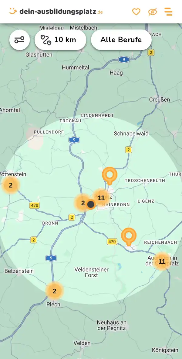 Karte von dein-ausbildungsplatz.de: Ausbildungsbetriebe im Umkreis von 10 km um 91257 Pegnitz