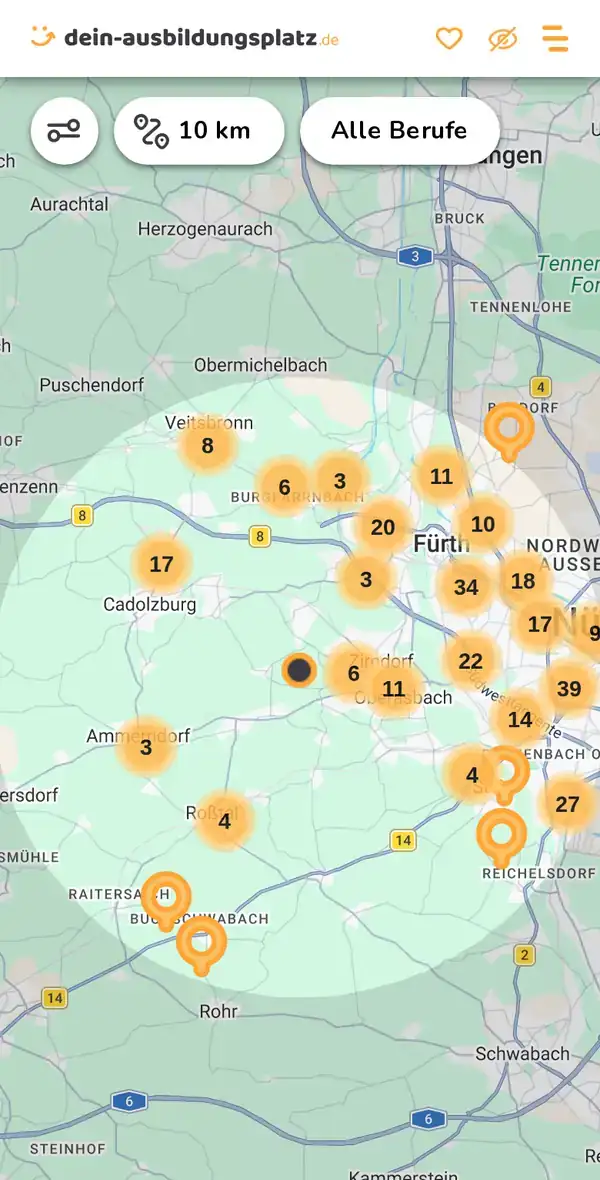 Karte von dein-ausbildungsplatz.de: Ausbildungsbetriebe im Umkreis von 10 km um 90513 Zirndorf