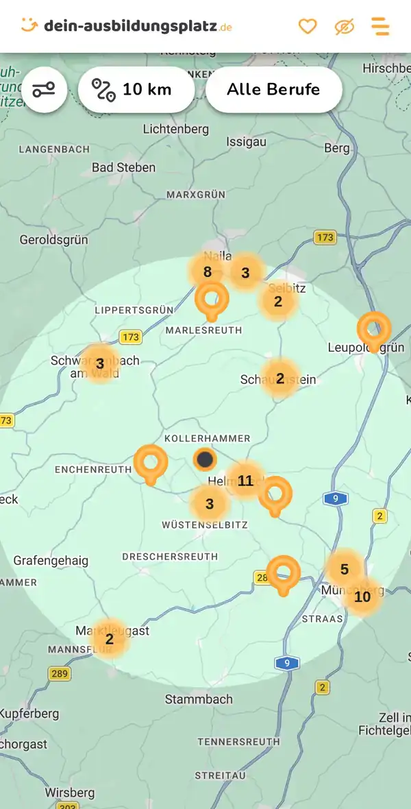 Karte von dein-ausbildungsplatz.de: Ausbildungsbetriebe im Umkreis von 10 km um 95233 Helmbrechts