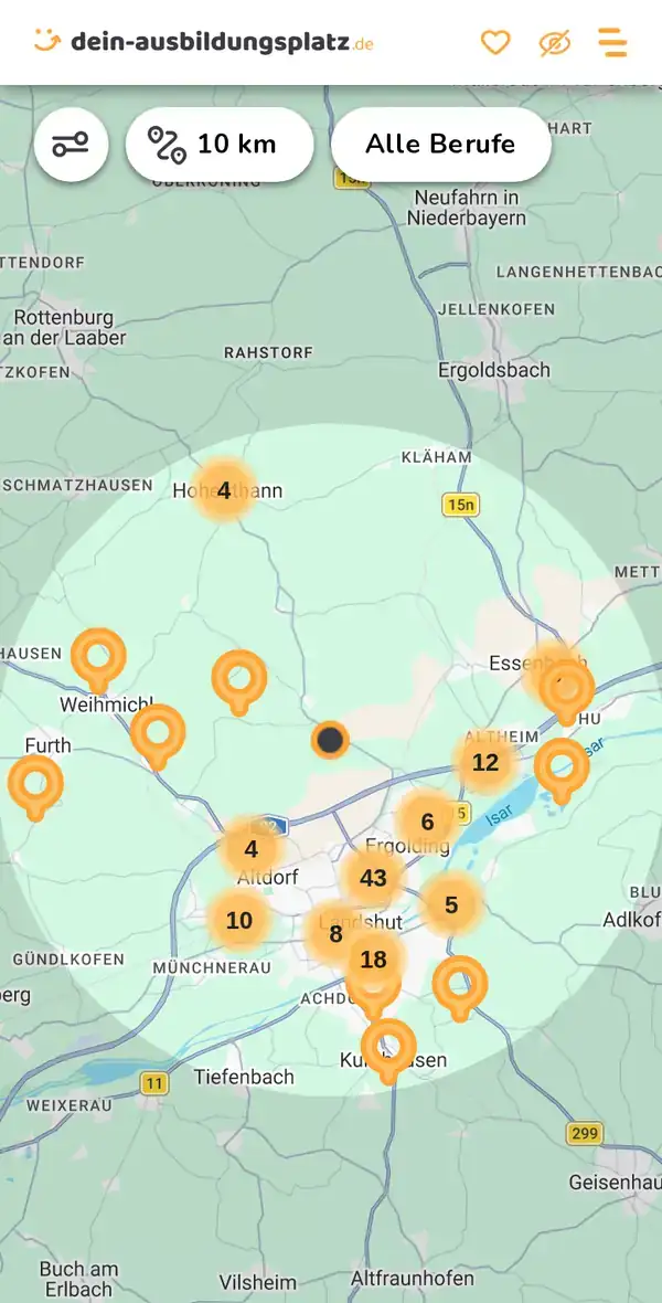 Karte von dein-ausbildungsplatz.de: Ausbildungsbetriebe im Umkreis von 10 km um 84030 Ergolding