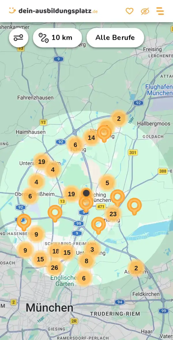 Karte von dein-ausbildungsplatz.de: Ausbildungsbetriebe im Umkreis von 10 km um 85748 Garching bei München