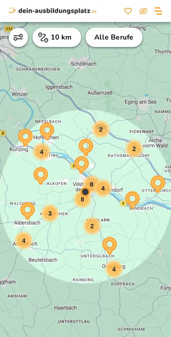 Karte von dein-ausbildungsplatz.de: Ausbildungsbetriebe im Umkreis von 10 km um 94474 Vilshofen an der Donau