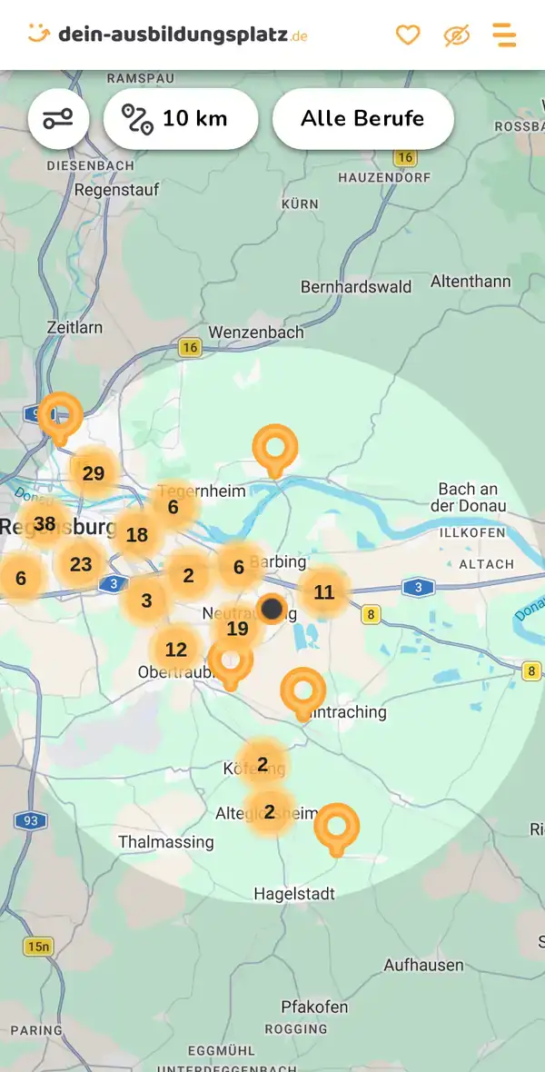 Karte von dein-ausbildungsplatz.de: Ausbildungsbetriebe im Umkreis von 10 km um 93073 Neutraubling