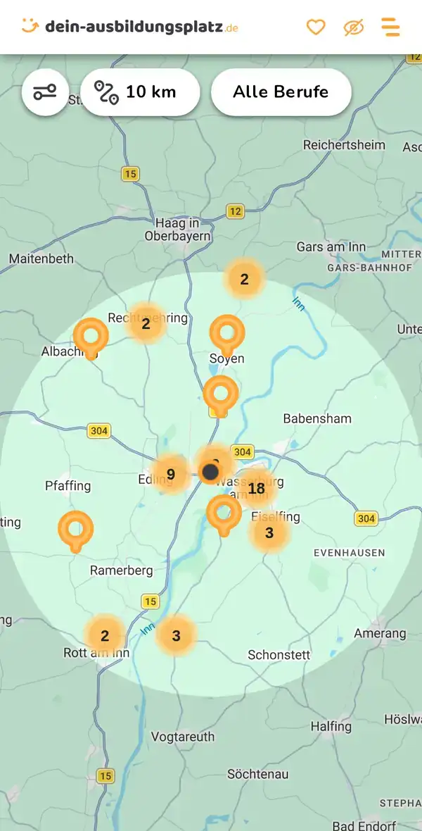 Karte von dein-ausbildungsplatz.de: Ausbildungsbetriebe im Umkreis von 10 km um 83512 Wasserburg am Inn