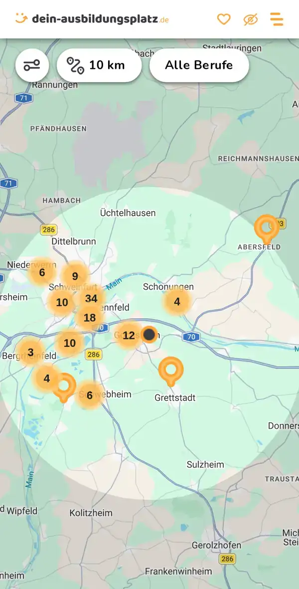 Karte von dein-ausbildungsplatz.de: Ausbildungsbetriebe im Umkreis von 10 km um 97469 Gochsheim