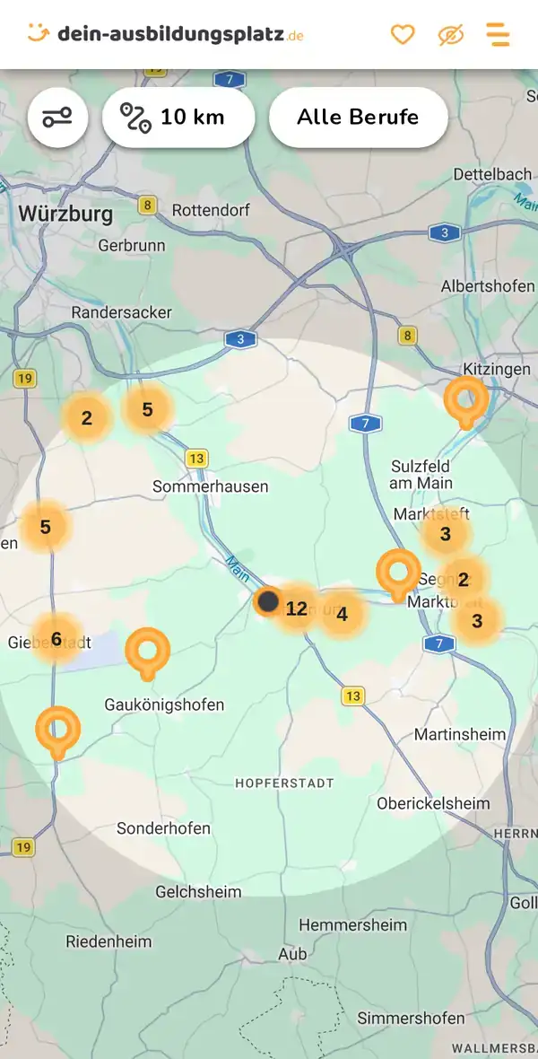 Karte von dein-ausbildungsplatz.de: Ausbildungsbetriebe im Umkreis von 10 km um 97199 Frickenhausen am Main