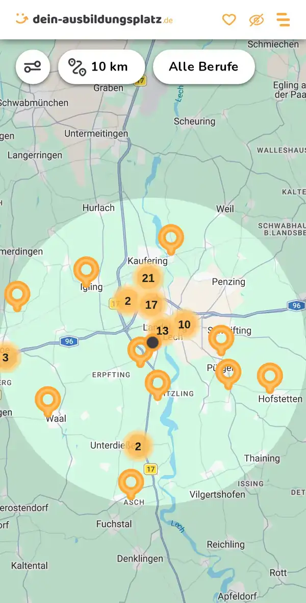 Karte von dein-ausbildungsplatz.de: Ausbildungsbetriebe im Umkreis von 10 km um 86899 Landsberg am Lech