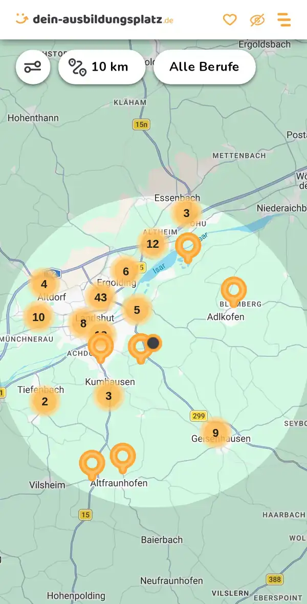 Karte von dein-ausbildungsplatz.de: Ausbildungsbetriebe im Umkreis von 10 km um 84036 Kumhausen