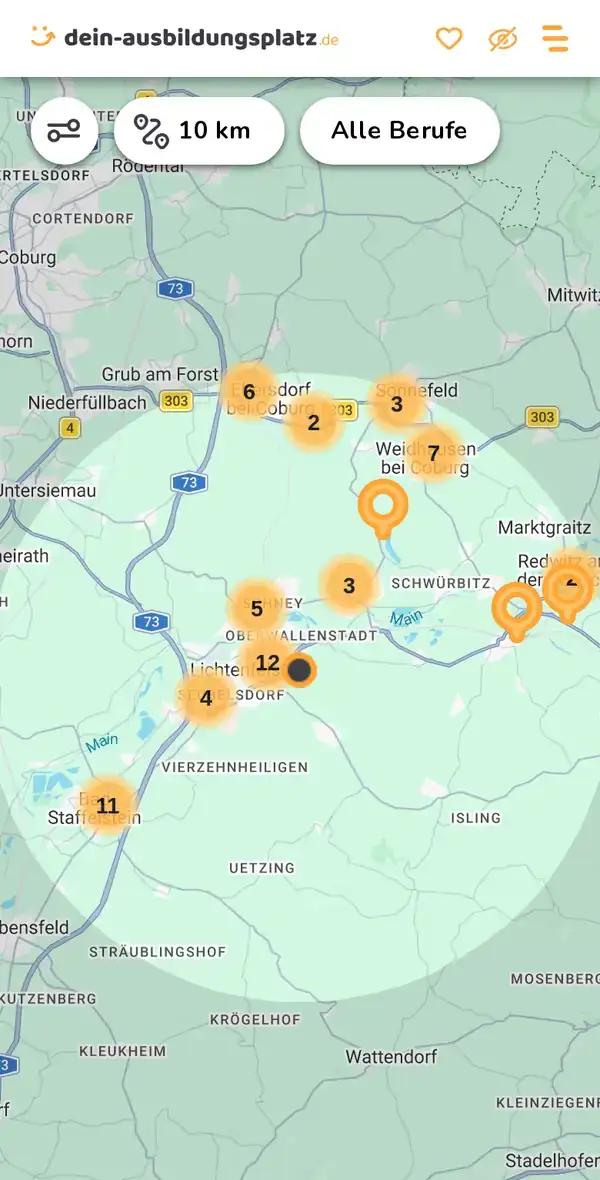 Karte von dein-ausbildungsplatz.de: Ausbildungsbetriebe im Umkreis von 10 km um 96215 Lichtenfels