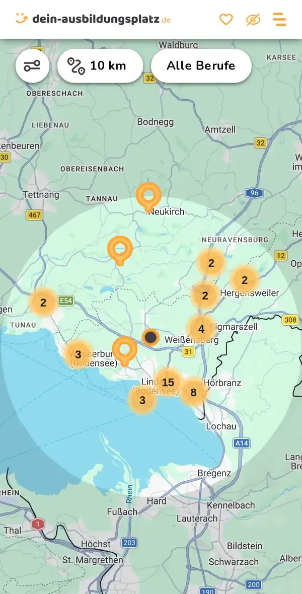 Karte von dein-ausbildungsplatz.de: Ausbildungsbetriebe im Umkreis von 10 km um 88131 Bodolz