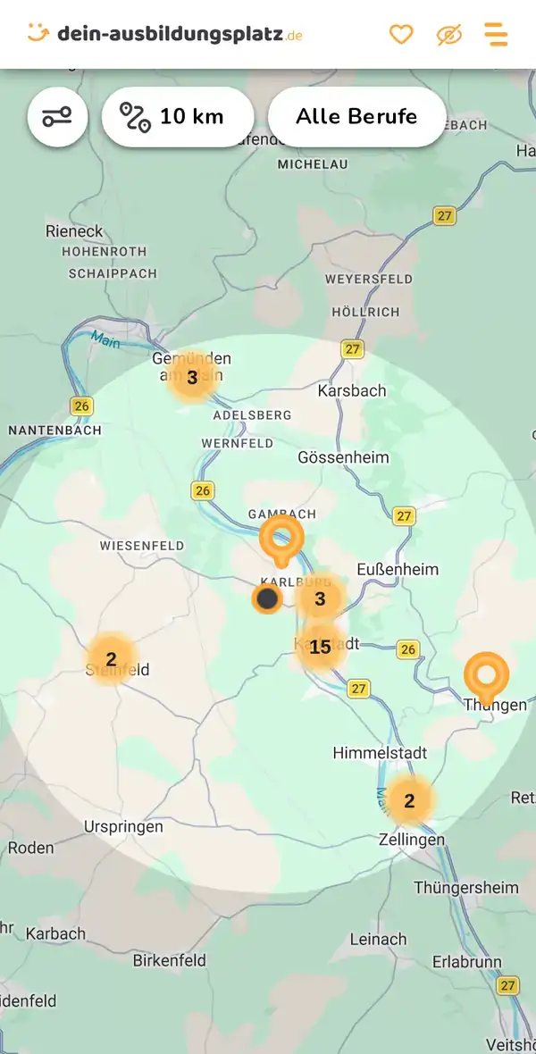 Karte von dein-ausbildungsplatz.de: Ausbildungsbetriebe im Umkreis von 10 km um 97753 Karlstadt